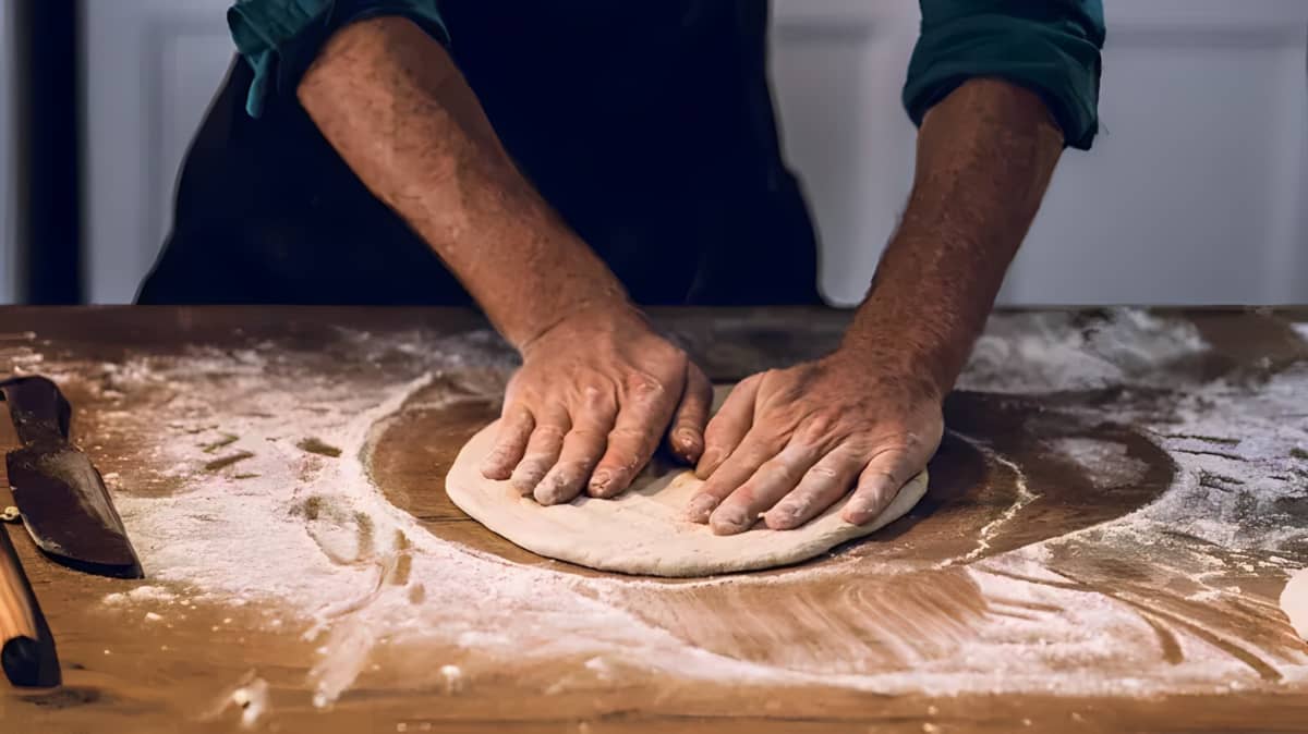 Hands kneading pizza dough.