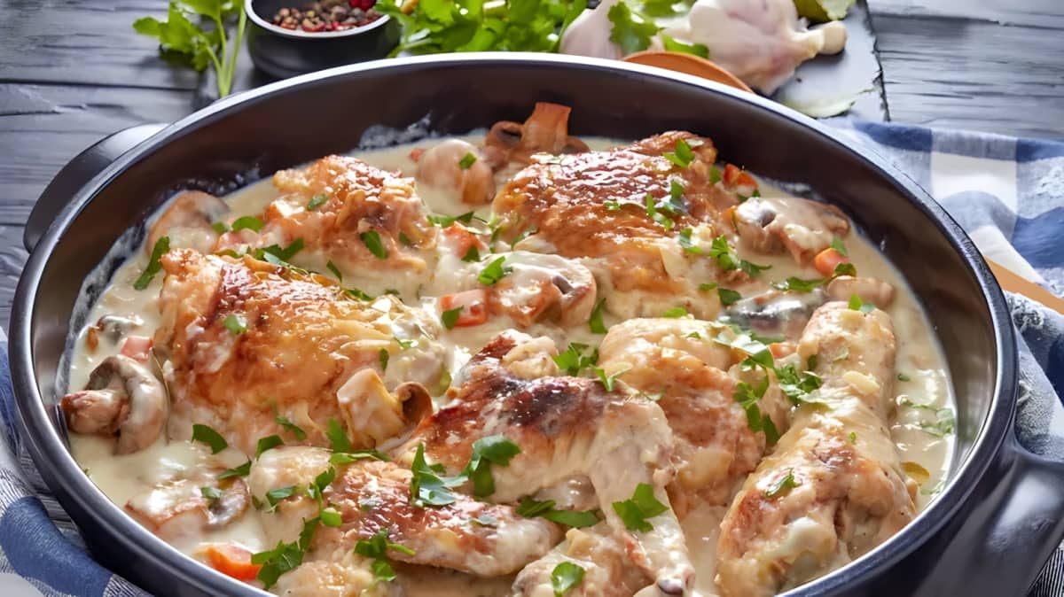 French fricassee chicken in a pan. 
