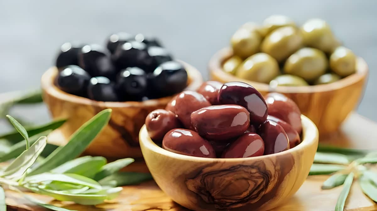 Three bowls of olives.