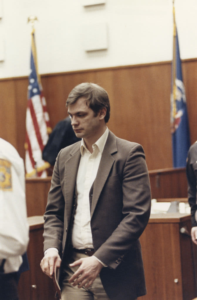 Photograph of Jeffrey Dahmer taken during his trial. Jeffrey Lionel Dahmer (1960-1994) an American serial killer and sex offender who was convicted of the rape, murder and dismemberment of 17 men and boys from 1978-1991. (Photo by: Universal History Archive/ Universal Images Group via Getty Images)