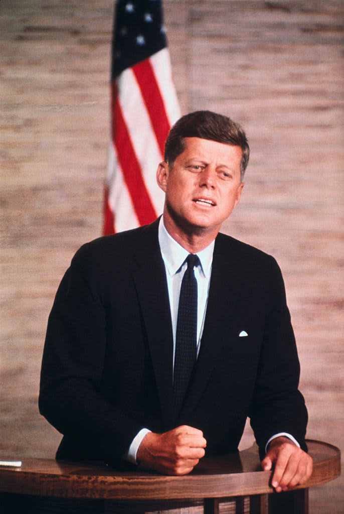 10/7/1960- President John F. Kennedy addresses at the podium.