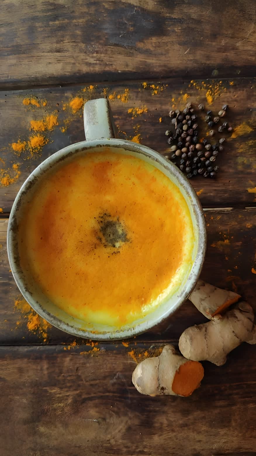 A cup of turmeric golden milk, whole peppercorns and fresh turmeric