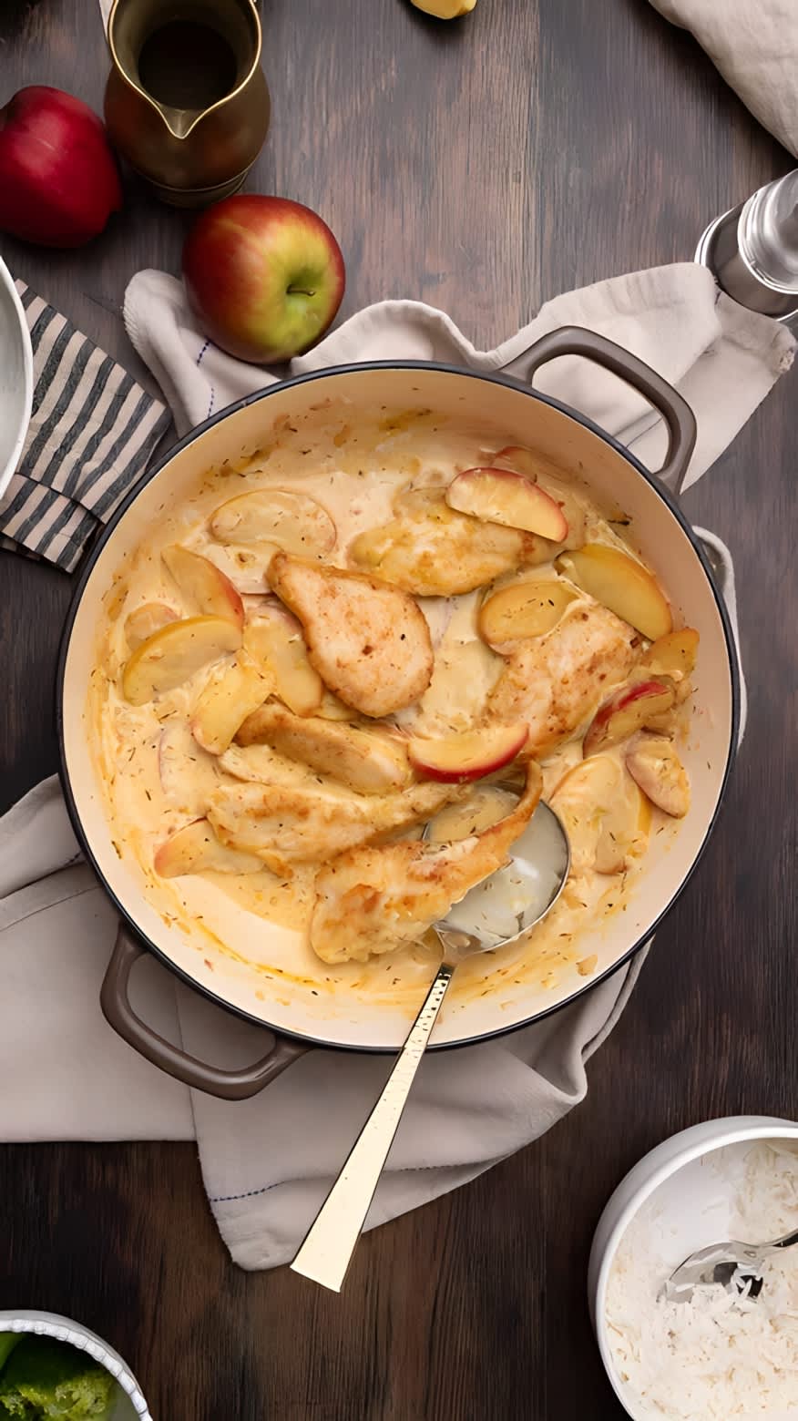apple chicken skillet with mustard cream in a pot