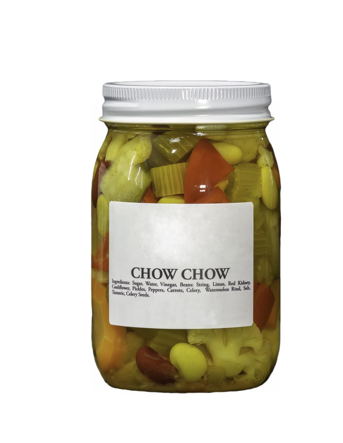 Canned Chow Chow in a Jar, with a White Label Stating it