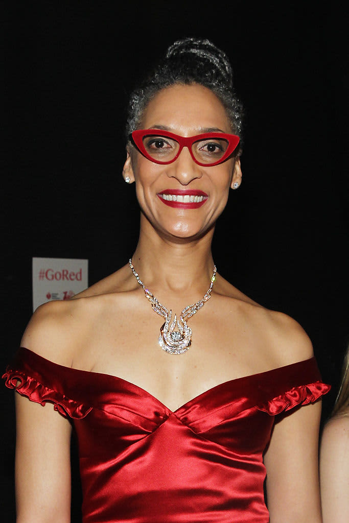 Chef Carla Hall poses backstage at the Go Red For Women Dress Collection 2015 presented by Macy's fashion show during Mercedes-Benz Fashion Week Fall 2015 at The Theater at Lincoln Center on February 12, 2015 in New York City