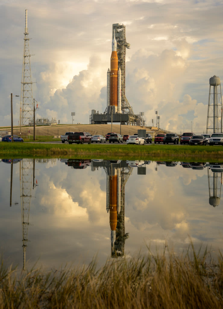 CAPE CANAVERAL, FLORIDA - SEPTEMBER 2: In this handout image provided by NASA, NASA's Space Launch System (SLS) rocket with the Orion spacecraft aboard is seen atop a mobile launcher at Launch Pad 39B as preparations for launch continue at NASA's Kennedy Space Center on September 2, 2022, in Cape Canaveral, Florida. NASA's Artemis I flight test is the first integrated test of the agency's deep space exploration systems: the Orion spacecraft, SLS rocket, and supporting ground systems. The launch of the uncrewed flight test is targeted for Sept. 3 at 2:17 p.m.  (Photo by Bill Ingalls/NASA via Getty Images) S