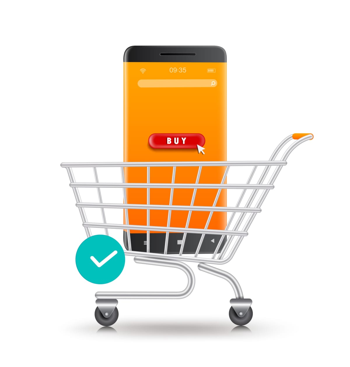 Cartoon of a large smartphone in a shopping cart, with a green checkmark, against a white background