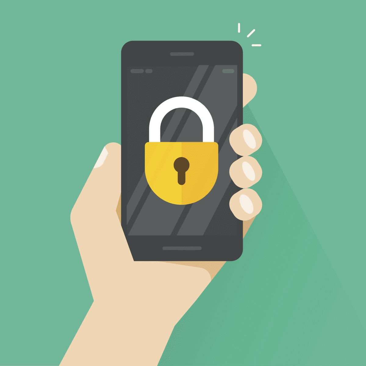 Smartphone in hand with lock icon on screen vector illustration, flat style locked mobile phone