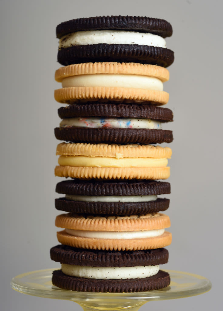 (Boston, MA 04/29/15)  Studio shot shows several varieties of Oreo cookies (from top to bottom) Mega Stuff, Golden Double Stuff, Lemon creme, Traditional, Golden and Double Stuff  on Thursday, April 29, 2015. Staff photo by Patrick Whittemore.&#xA; (Photo by Patrick Whittemore/MediaNews Group/Boston Herald via Getty Images)