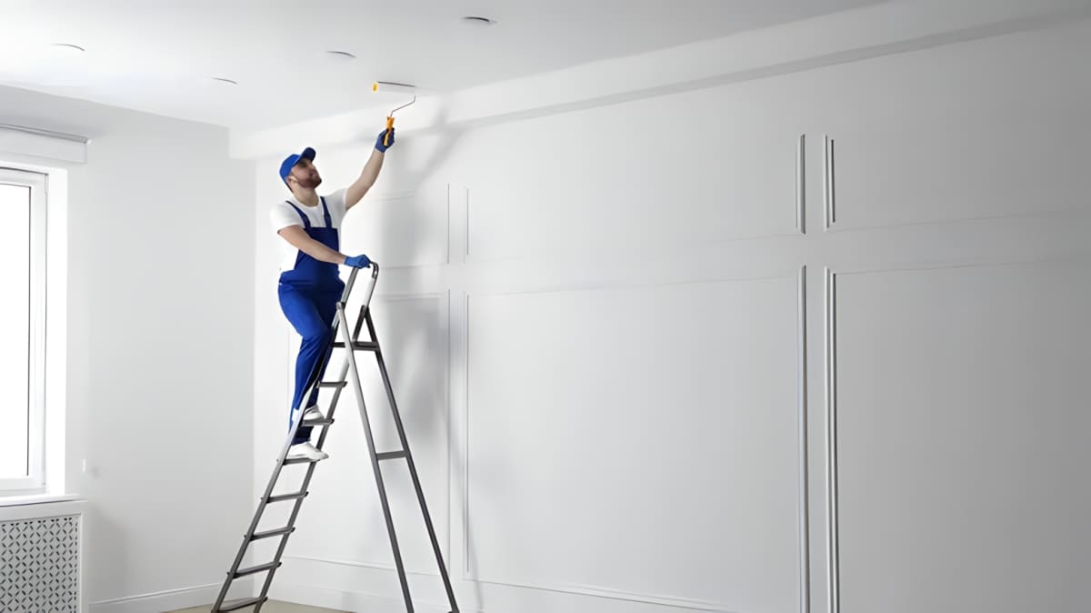 Man on a ladder painting a ceiling
