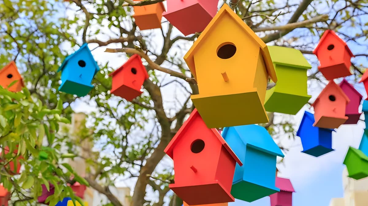 Colorful birdfeeders hanging in trees
