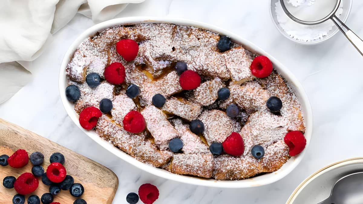 stuffed french toast casserole in a white dish
