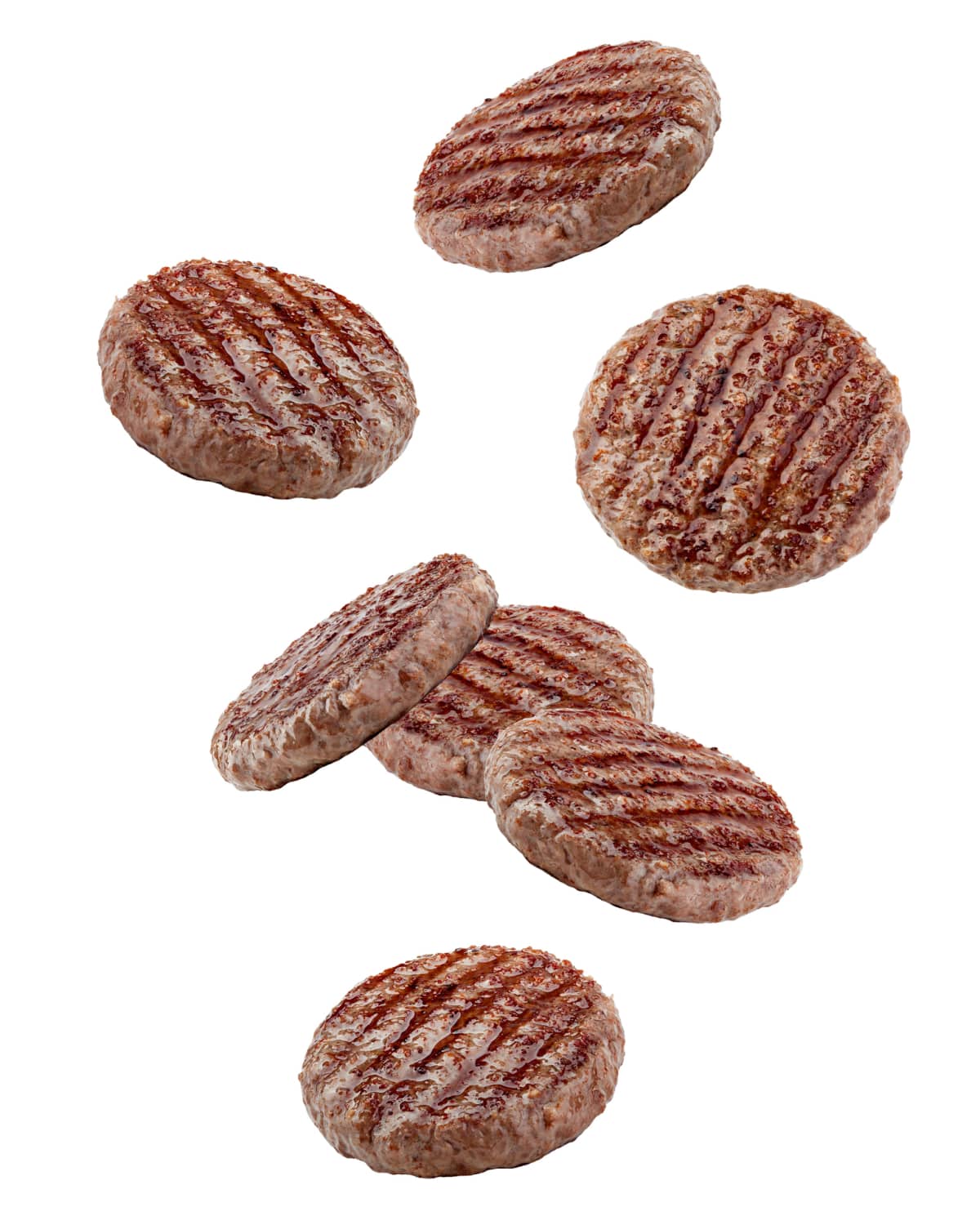 Falling grilled hamburger meat isolated on white background, clipping path, full depth of field