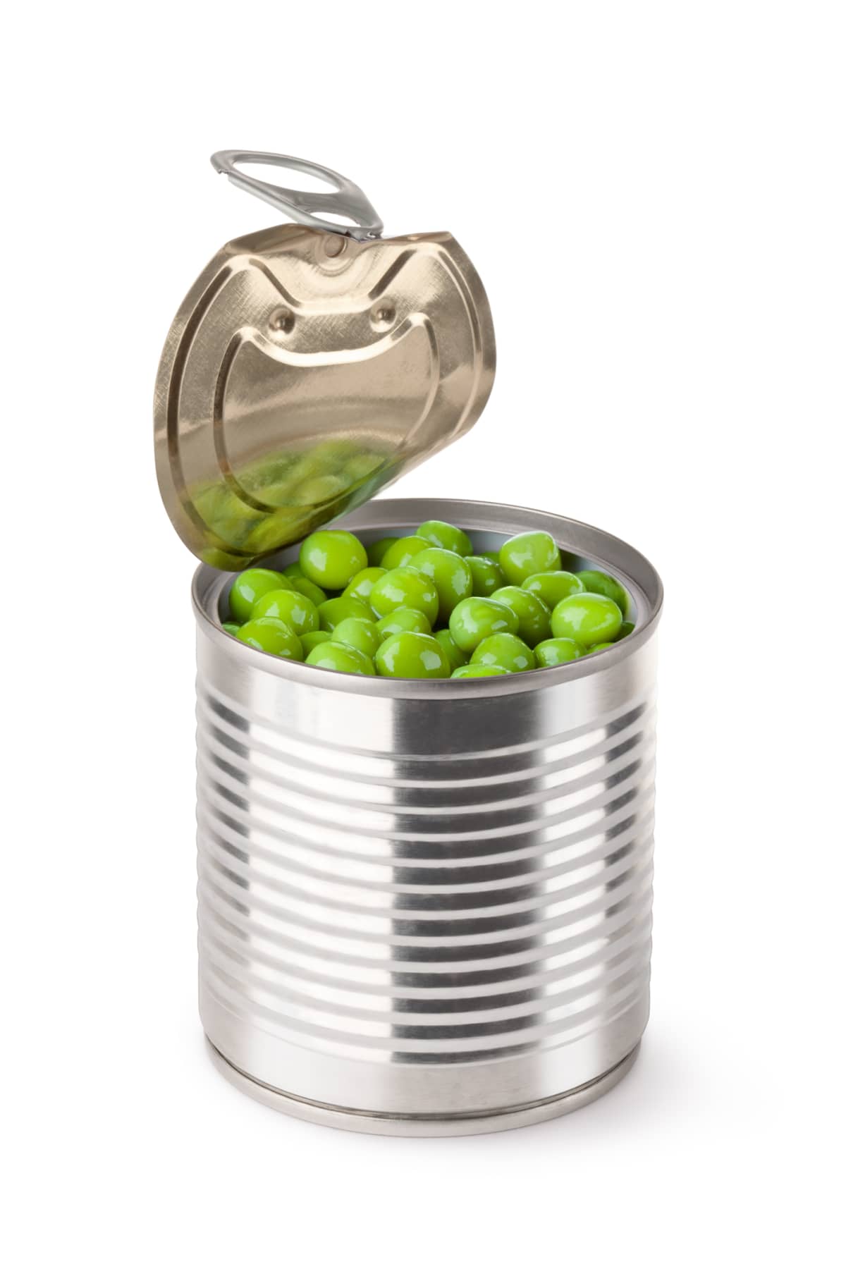Opened metallic can with green peas on white background