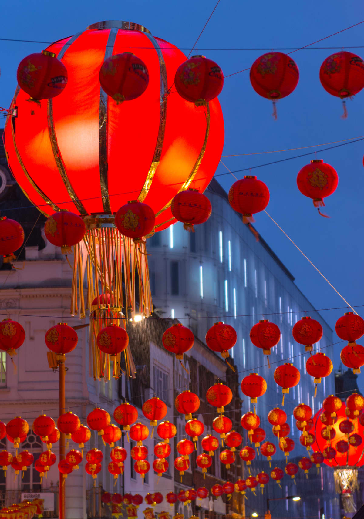 Illuminated Chinese lanterns hang in London's China Town to celebrate the Chinese New Year. The colour red (fire) traditionally symbolises good fortune and joy.