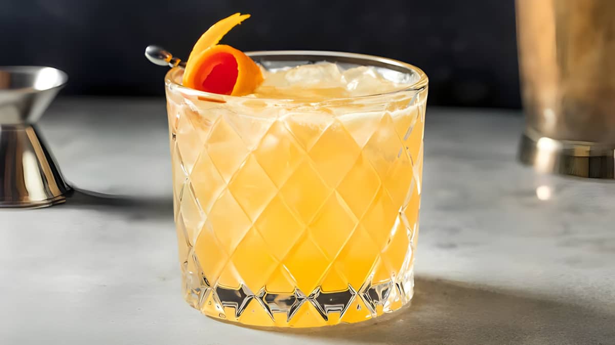 Whiskey sour cocktail with a cherry and orange garnish