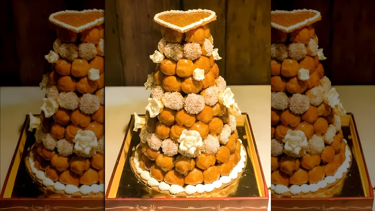 Croquembouche with heart topper