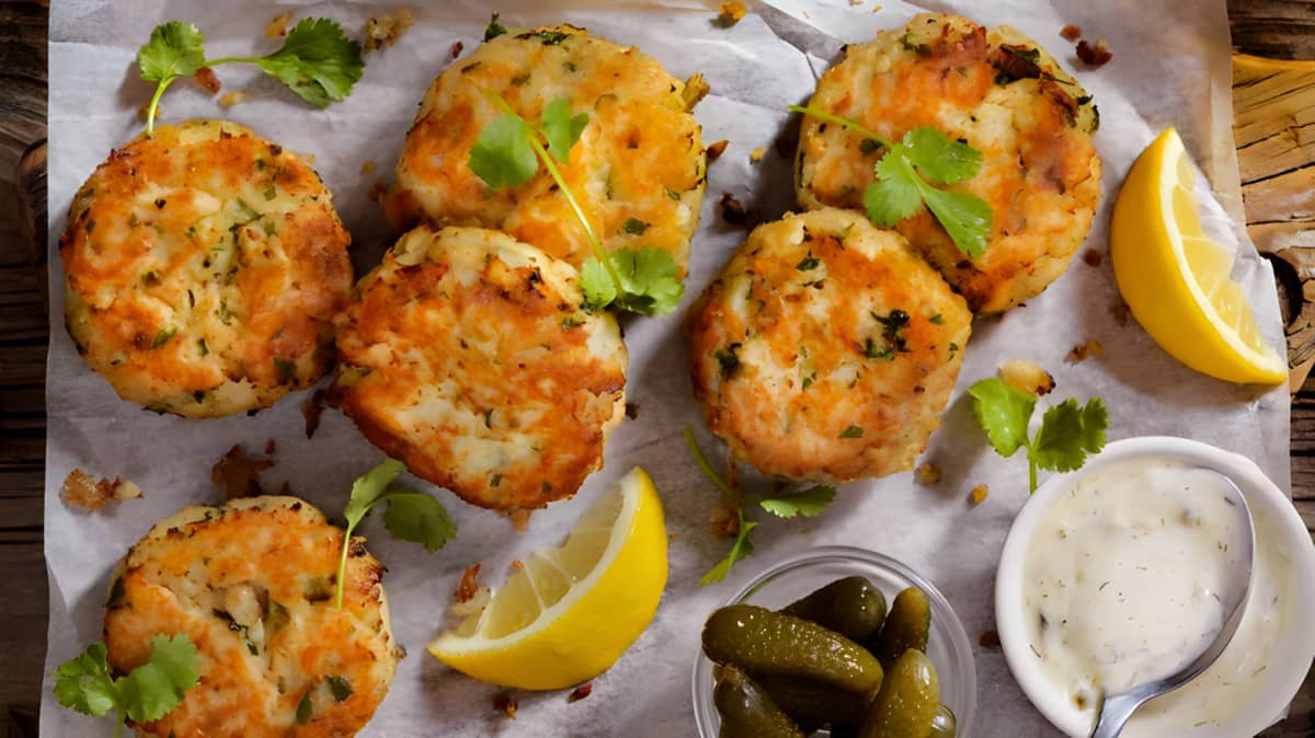 Crab cakes on parchment with herbs and a bowl of pickles