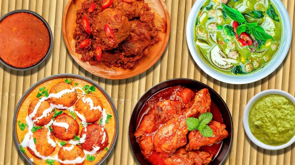 Variety of curry dishes in bowls