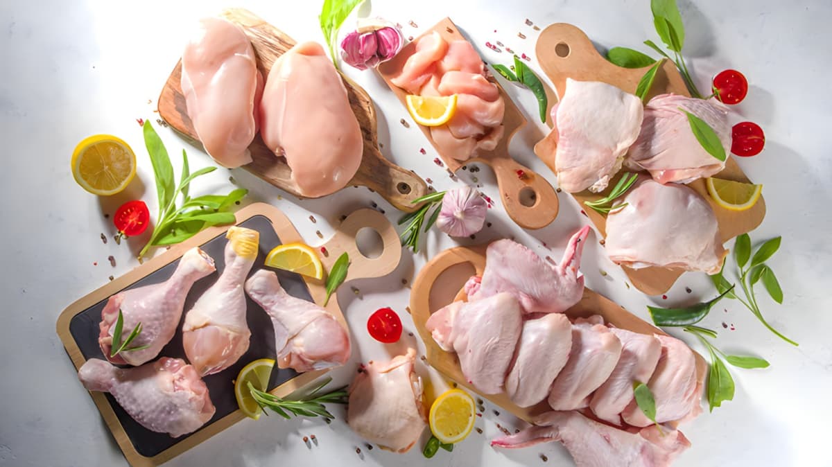Raw chicken wings, thighs, and breast on wooden platters