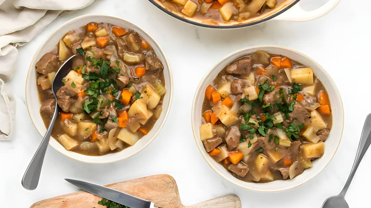 Overhead view of beef stew in bowl