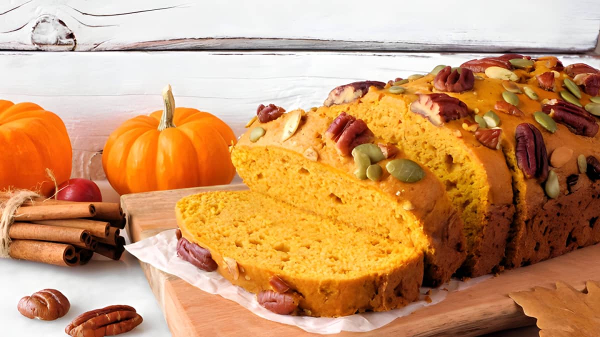 A loaf of pumpkin bread with nuts and seeds