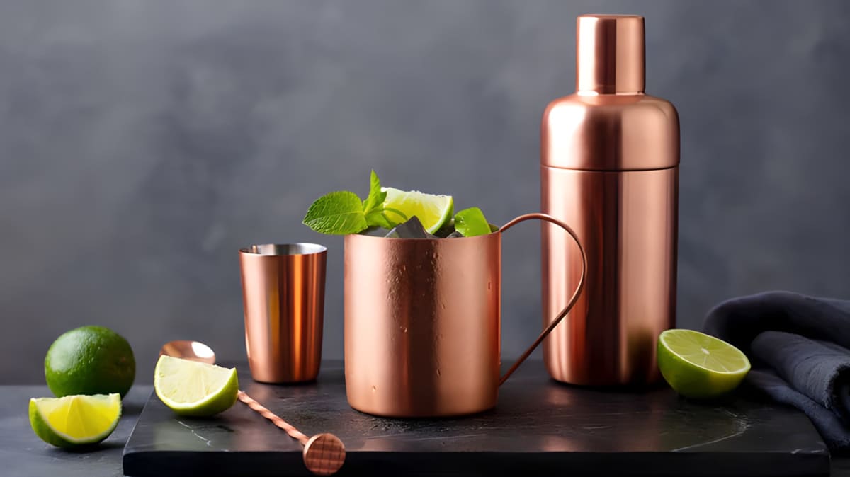 A Moscow mule surrounded by copper cups