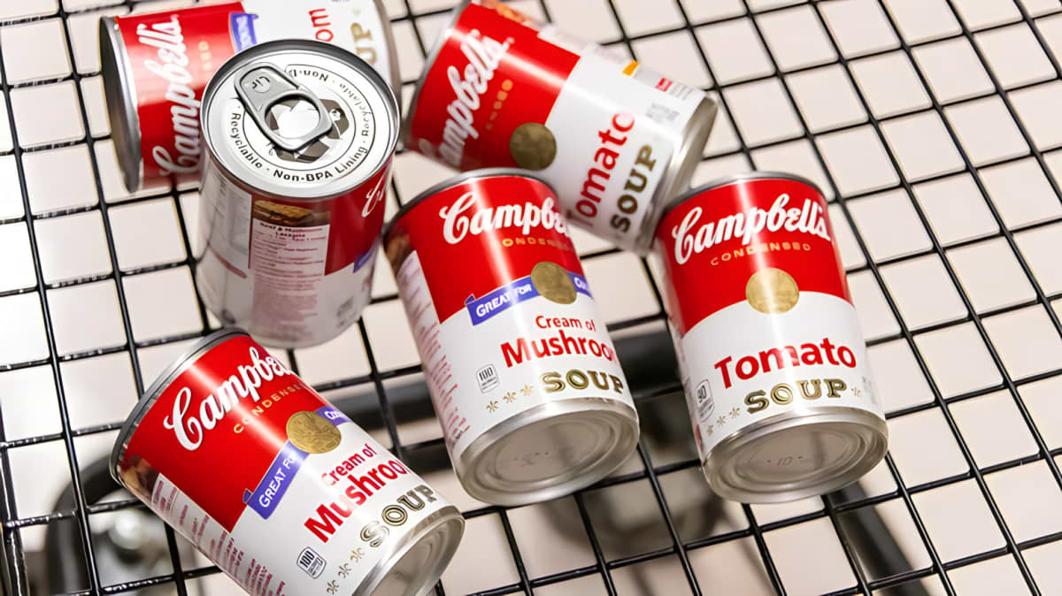 Campbell's canned soup in a shopping cart