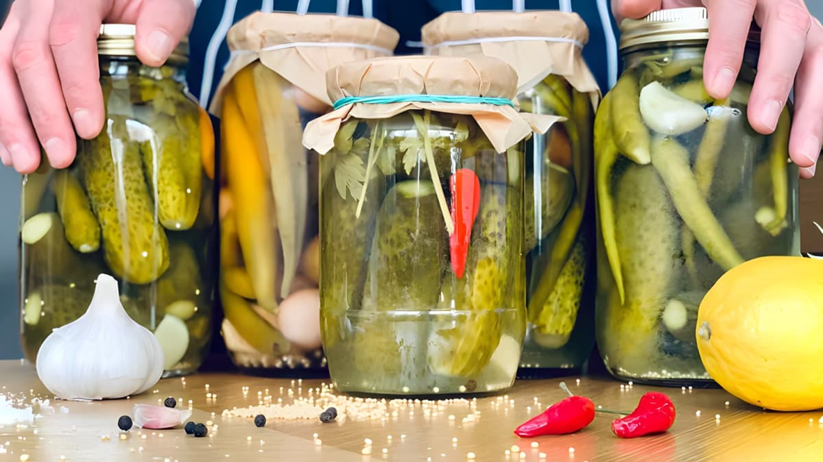 Jars of pickles on a countertop