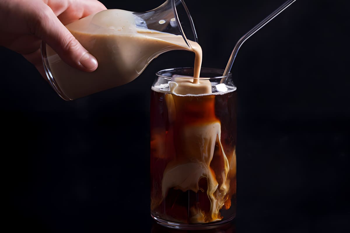 Creamer being poured into a cup of coffee