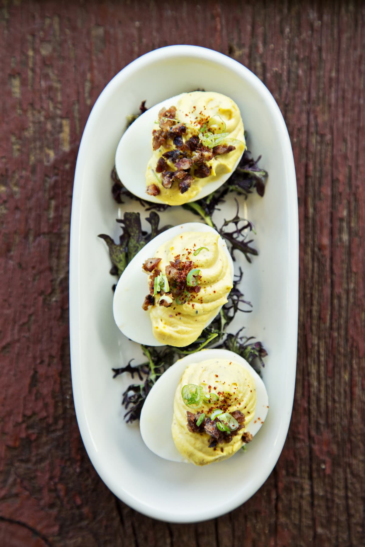 BALTIMORE, MD-November 6: Trio of deviled eggs at Shoo-Fly Diner in Baltimore, MD. (Photo by Scott Suchman/For the Washington Post)