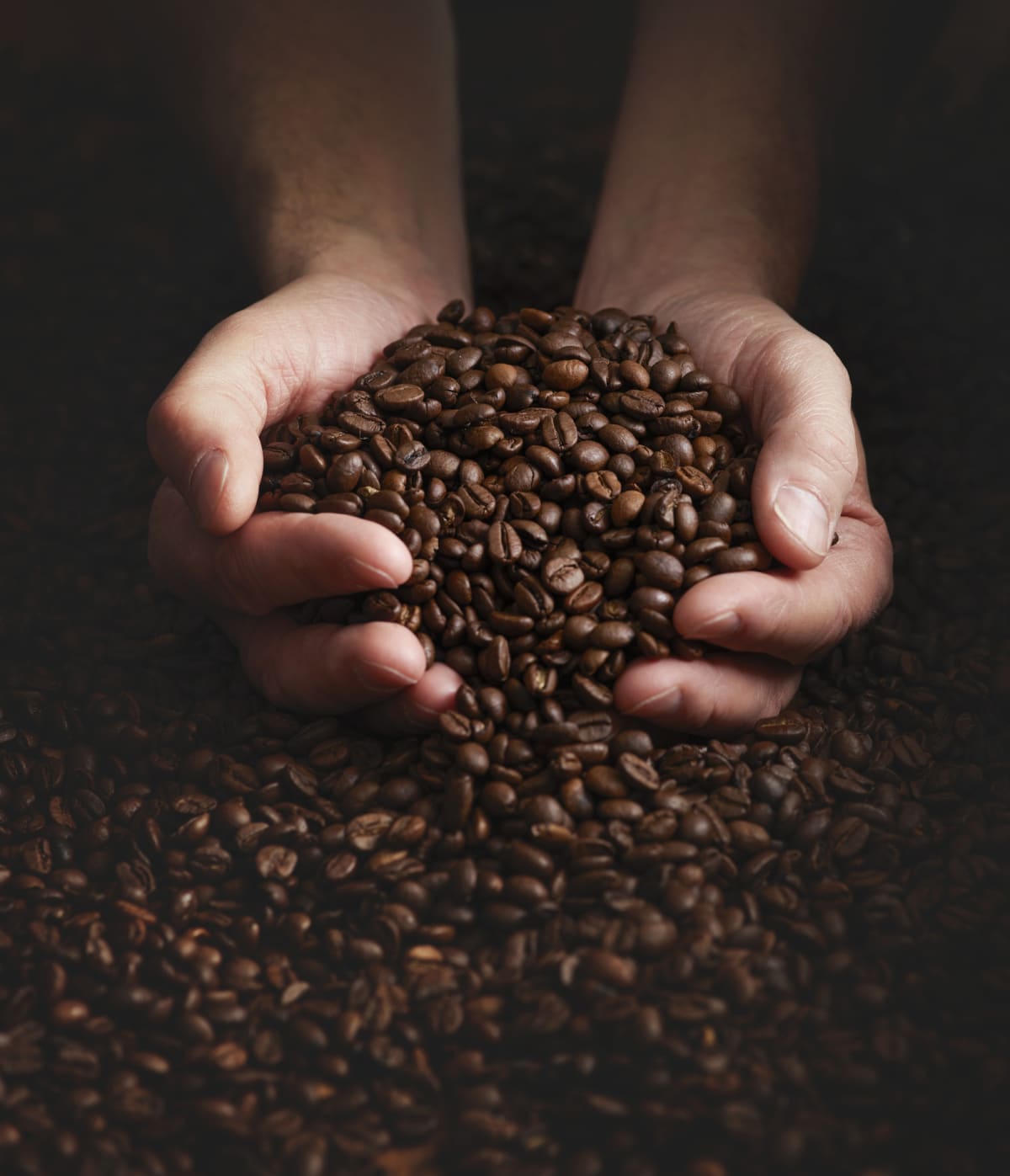 Person with hands full of coffee beans.