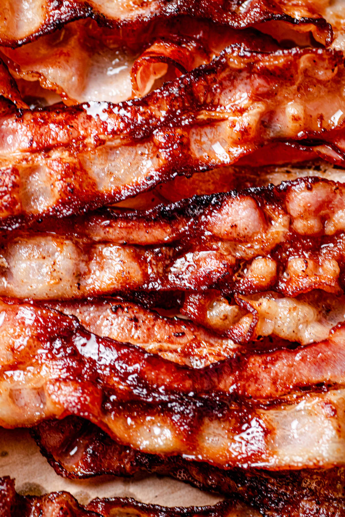 Strips of fragrant fried bacon. Macro background. Bacon texture. High quality photo