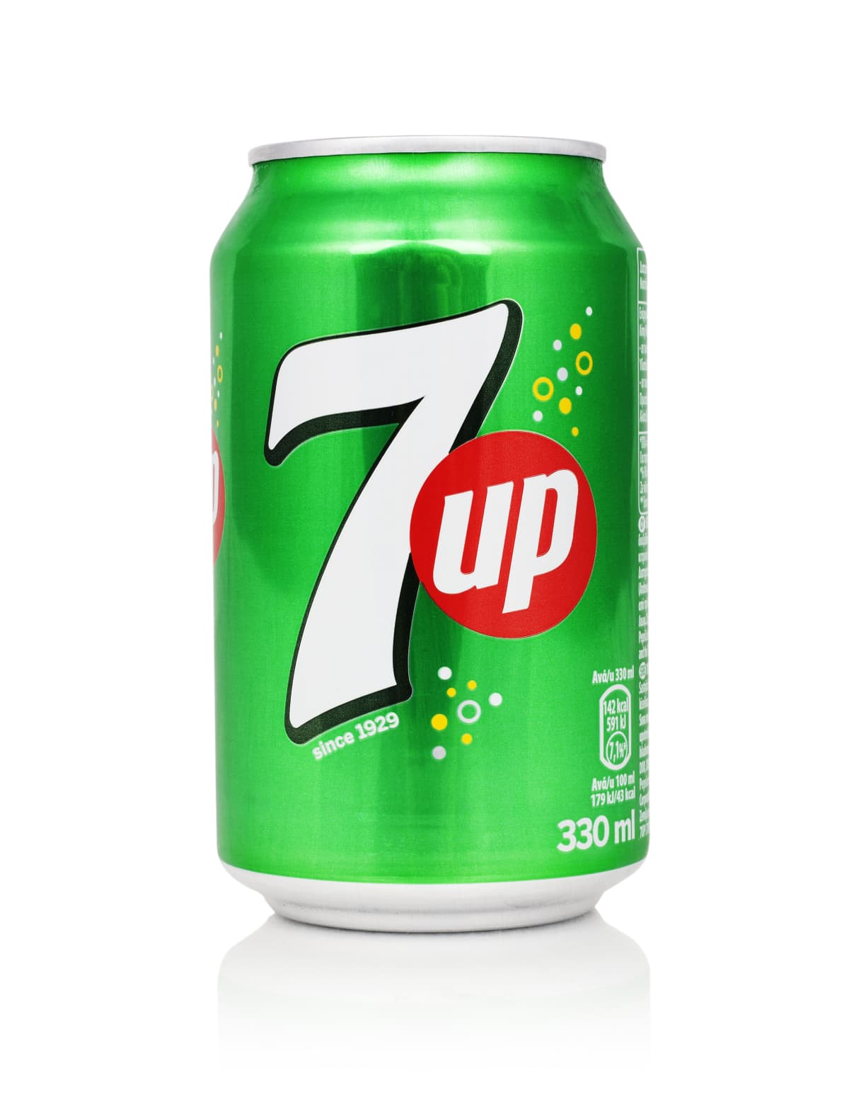 Kragujevac, Serbia - April 11, 2016: Aluminum can of 7up produced by PepsiCo Inc. isolated on white background.