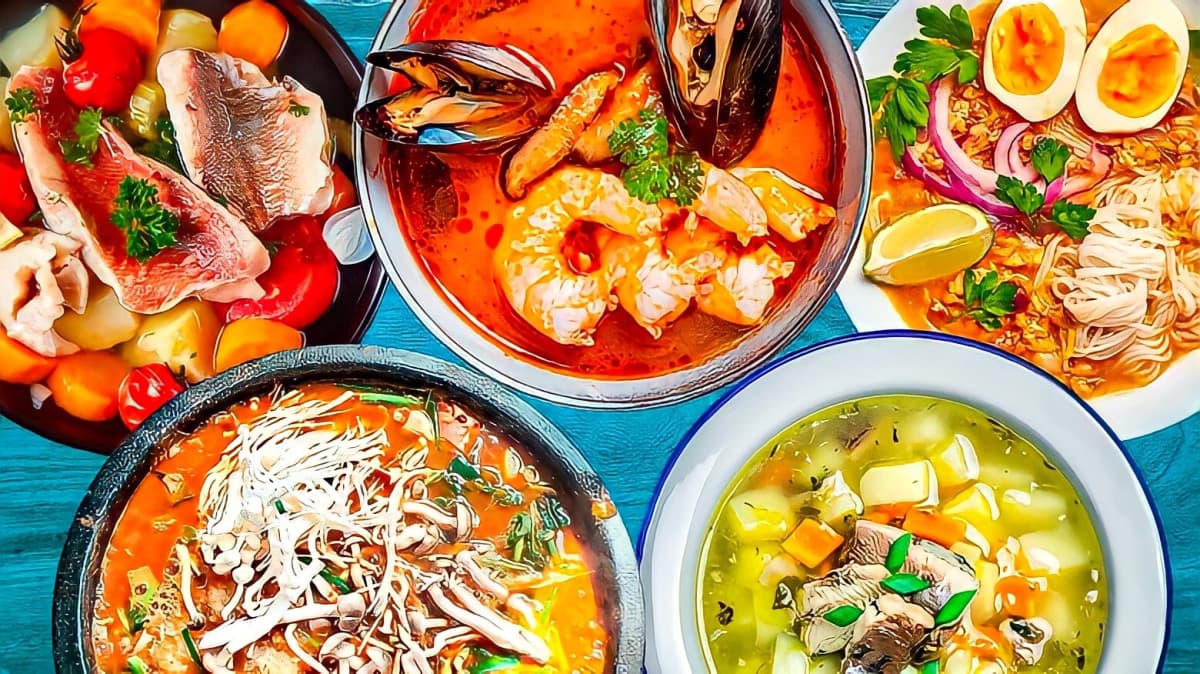 Different kinds of fish soup in bowls