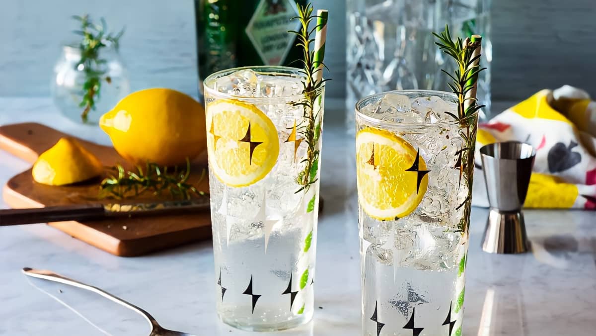 A fizzy drink with rosemary and lemon