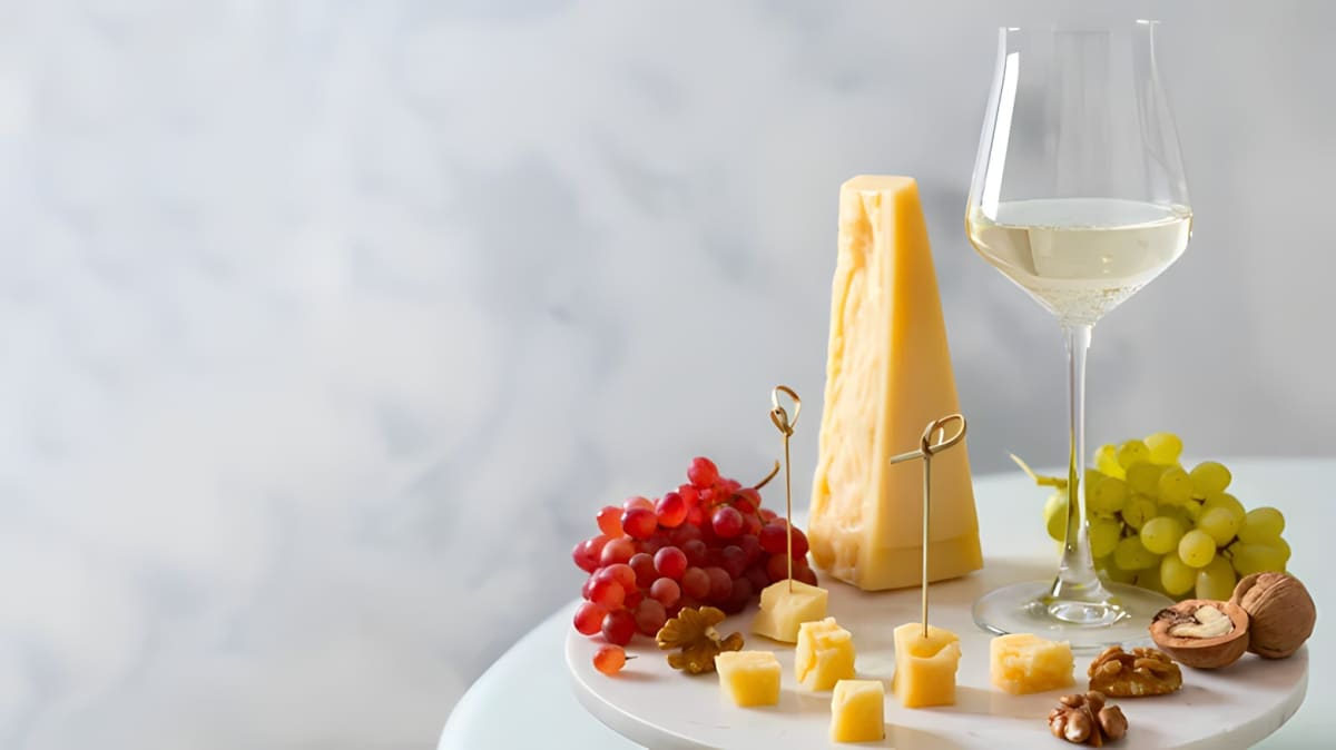 A glass of champagne next to a slice of cheese