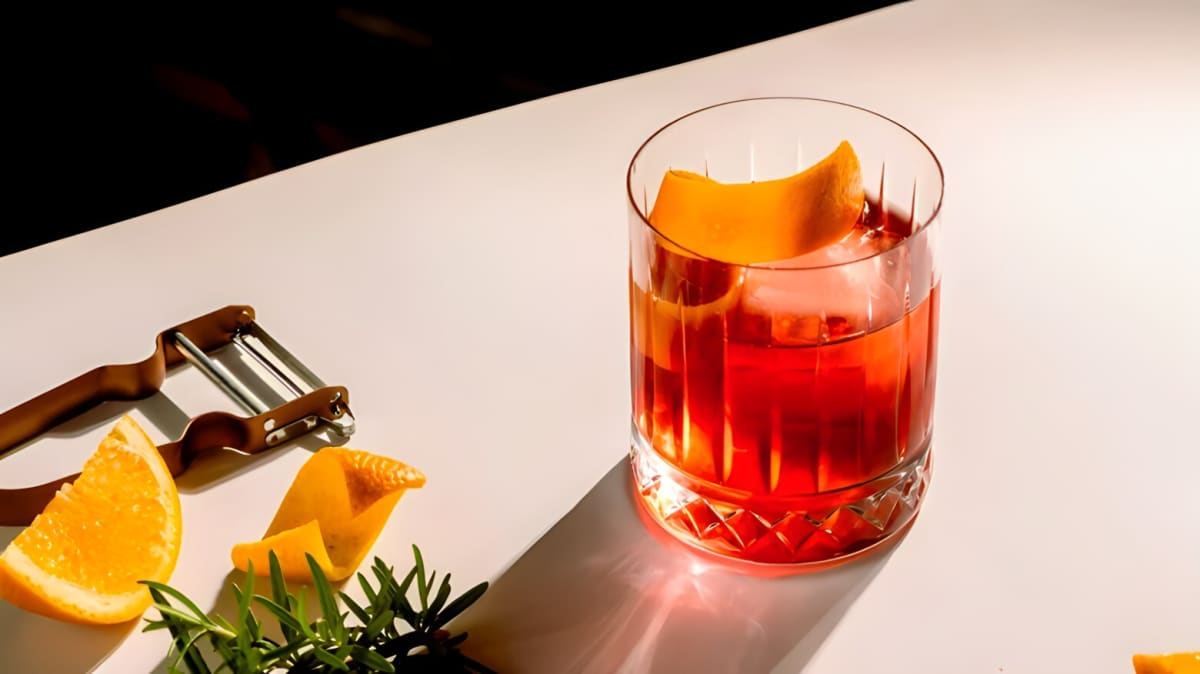 A Negroni cocktail on a white counter