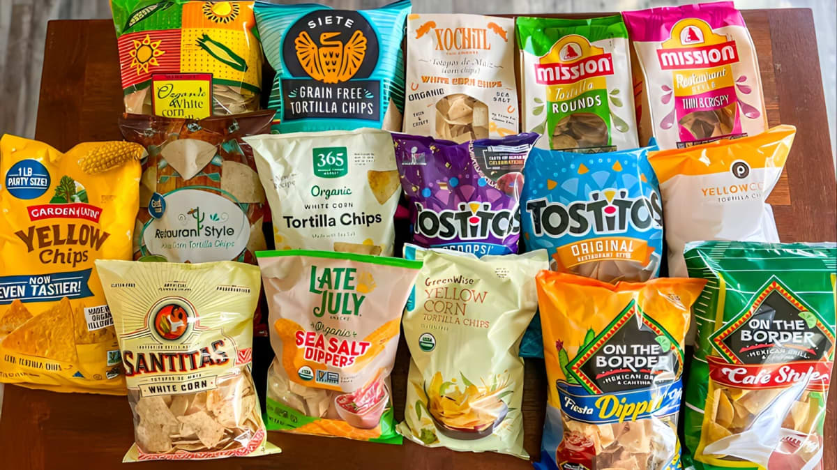Bags of different kinds of tortilla chips
