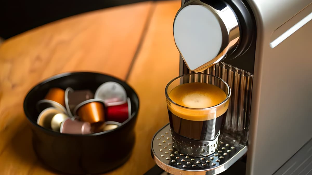 A Nespresso machine with a full cup of coffee