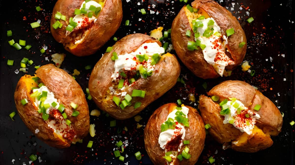 Baked potatoes on a black background