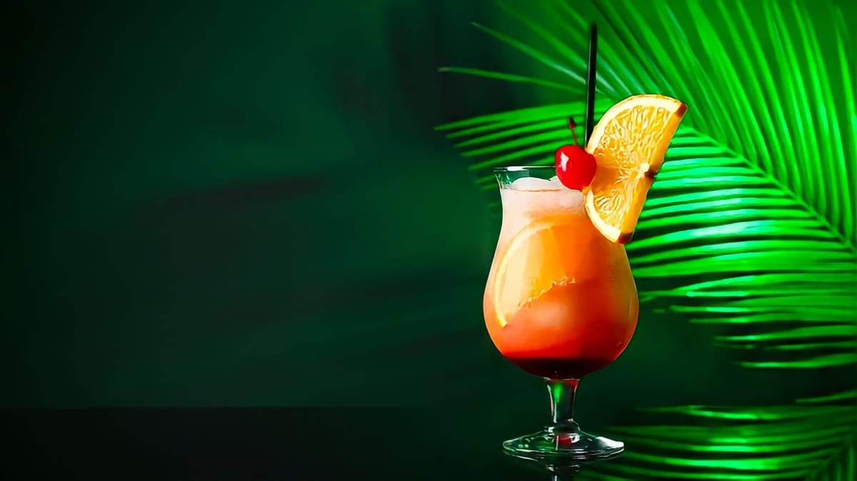 A tequila sunrise garnished with a cherry and orange slices