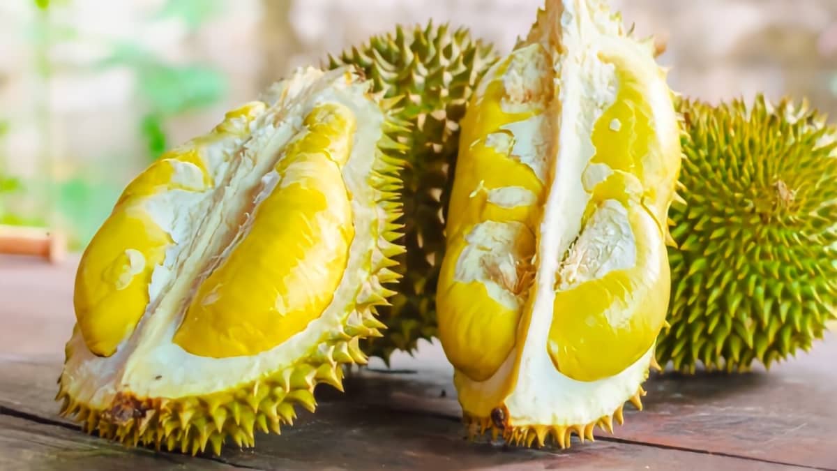 A durian cut in half