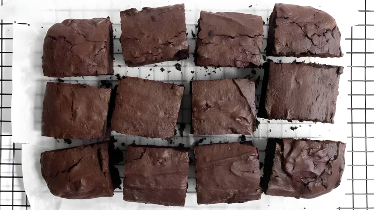 Brownies cut up on a cooling rack