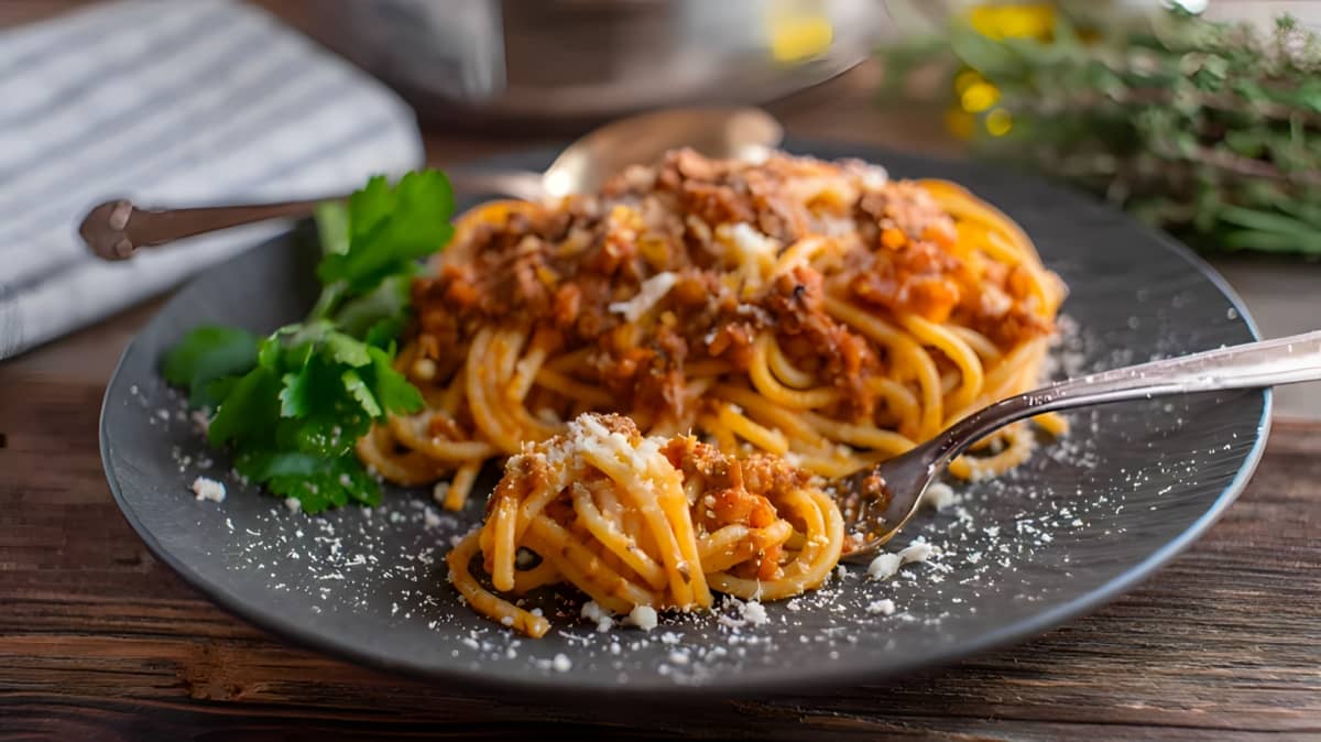 A plate of pasta Bolognese