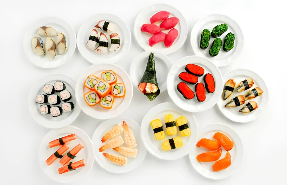 White plates with nigiri sushi