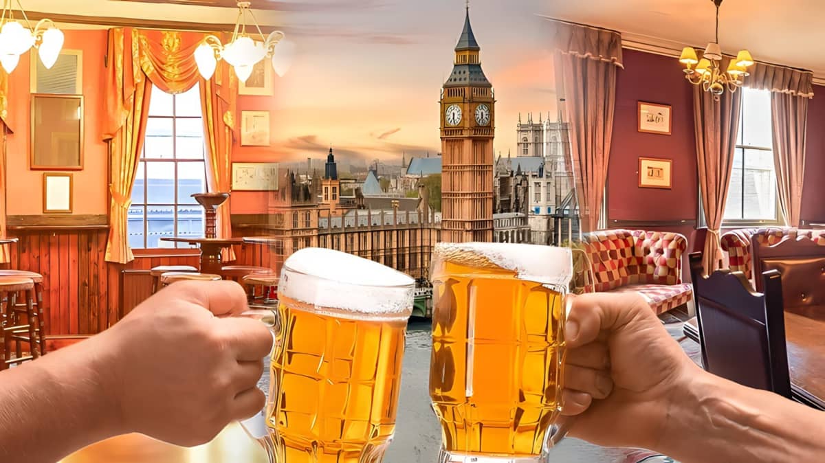 Two beer glasses cheering in front of Big Ben