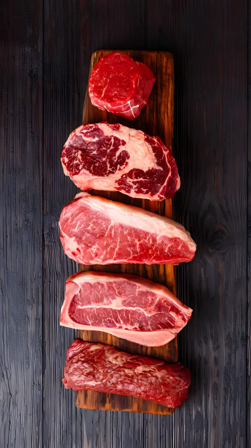 Different cuts of raw steak on a cutting board