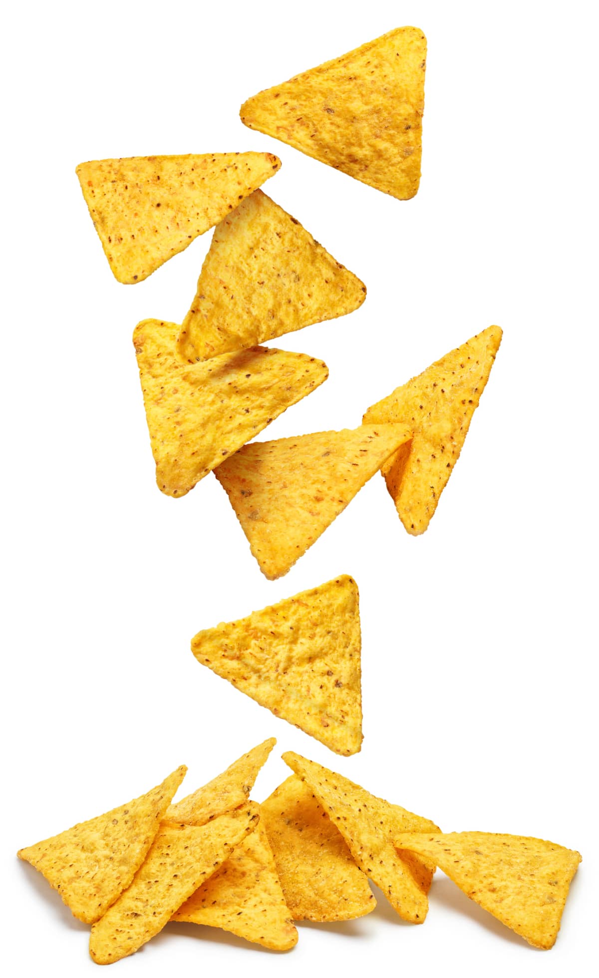 Falling nacho chips isolated on white background