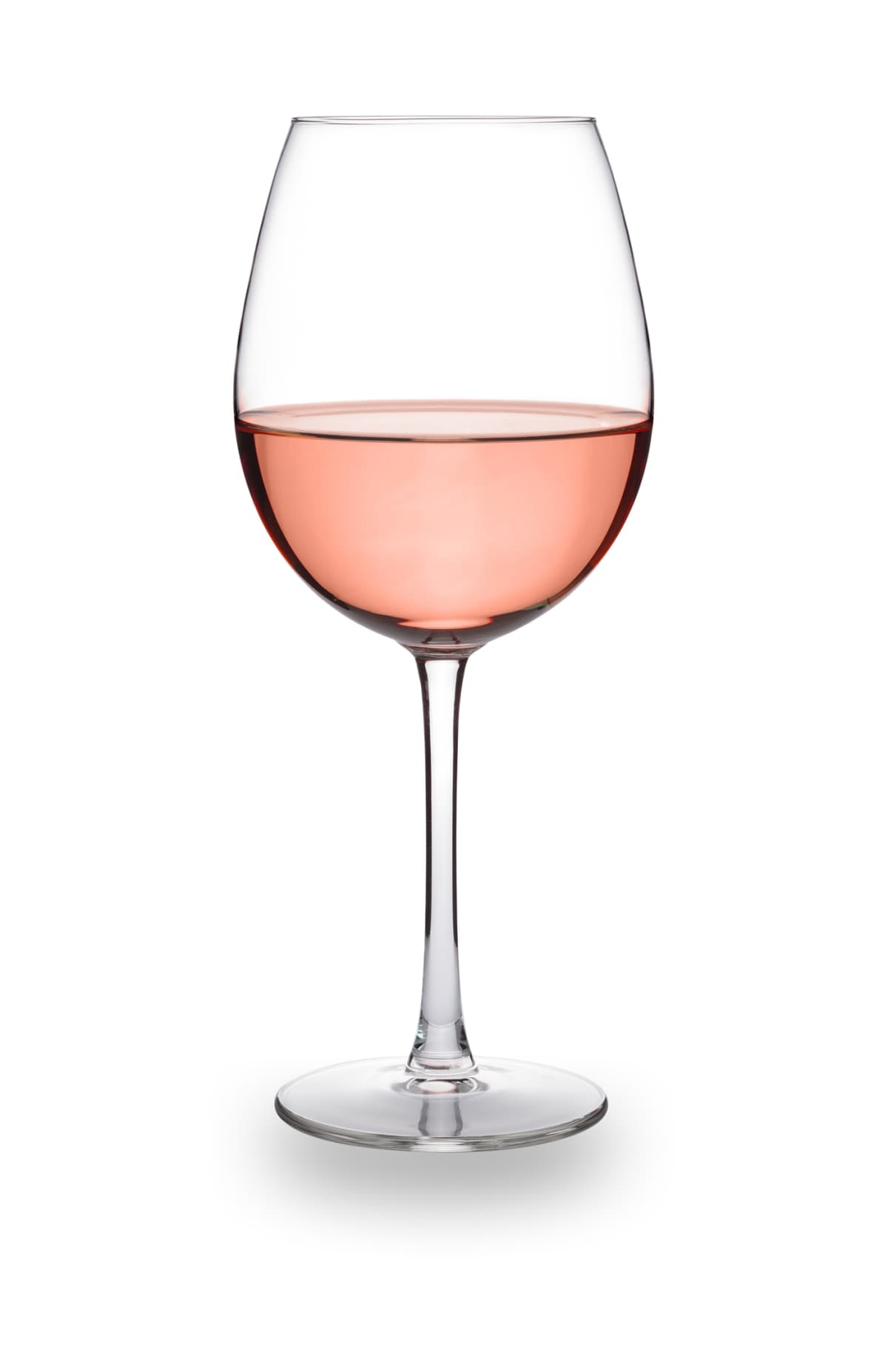 Single elegant glass of rose wine, in bowl style glass, isolated on white with a drop shadow